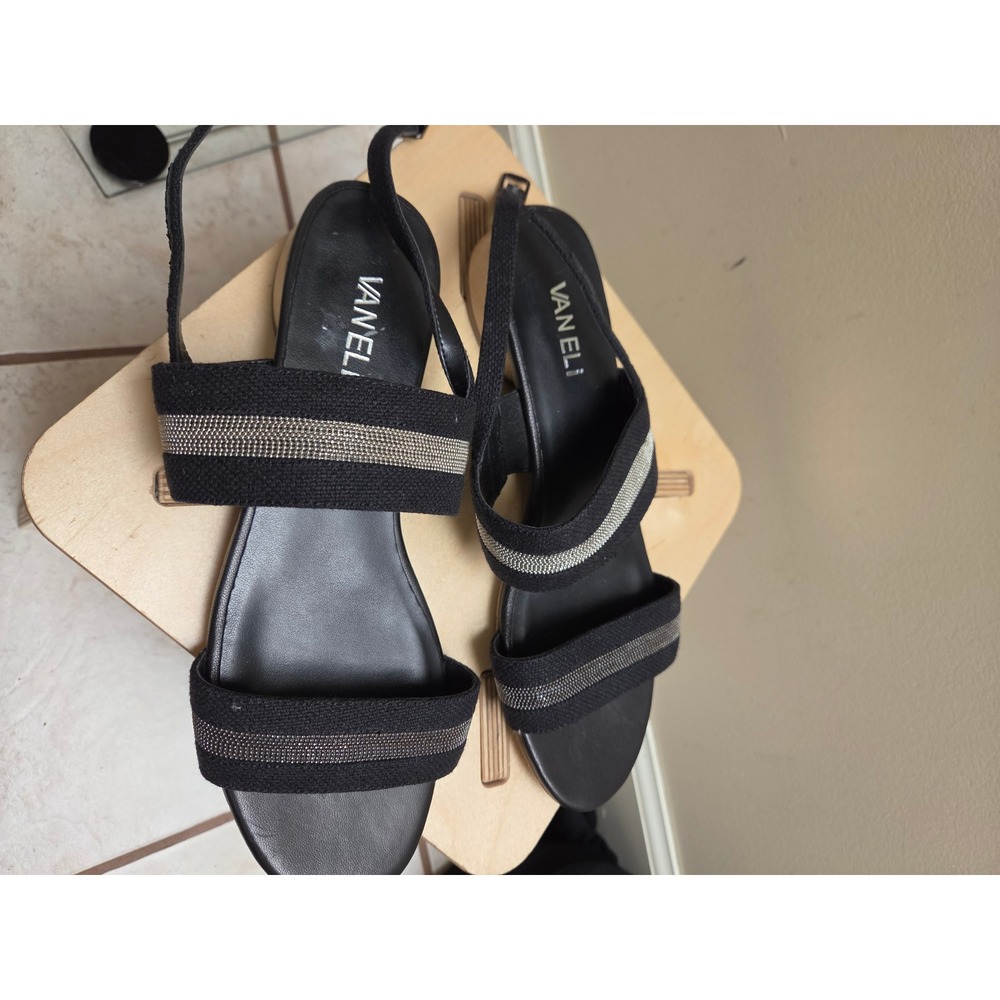 Vaneli Womens Black Fabric Crystal Embellished Slingback Low Block Heel Sandals